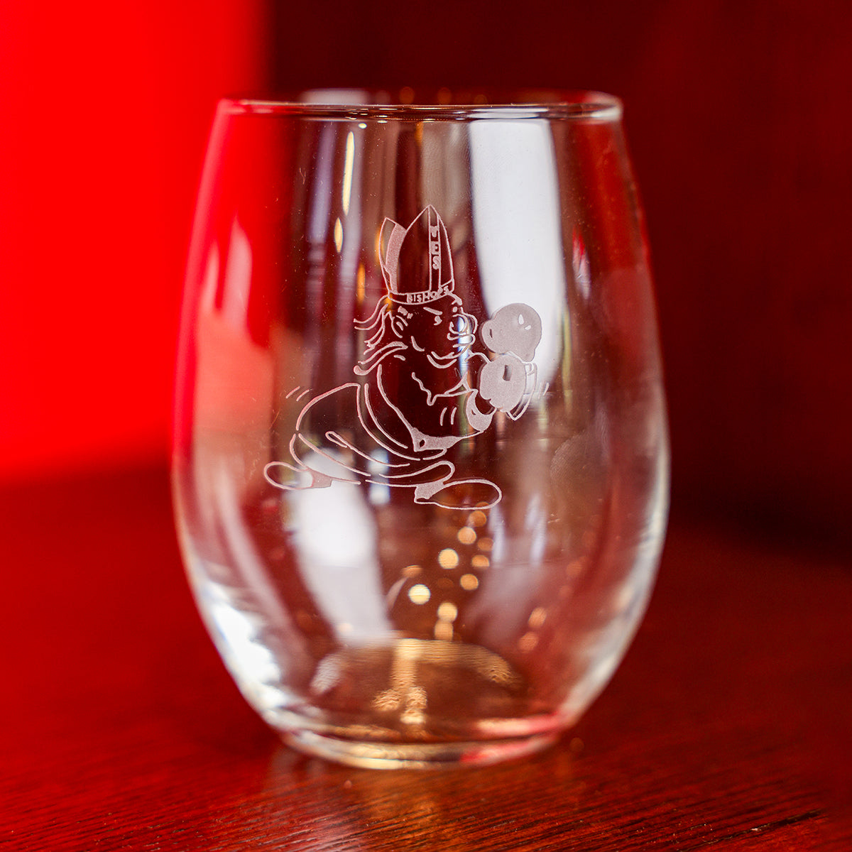 RIEDEL Stemless Wine Glass with etched Fighting Bishop